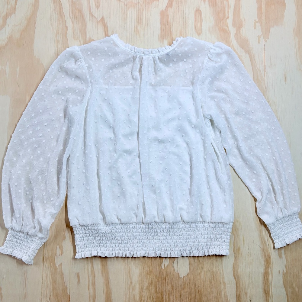 Adrianna Papell White Swiss Dot Smocked Waist Blouse Boho Top M